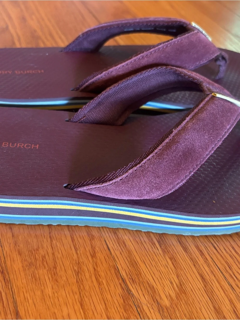 Tory Burch 70s Platform Flip Flops in Burgundy/Plum with Striped Soles